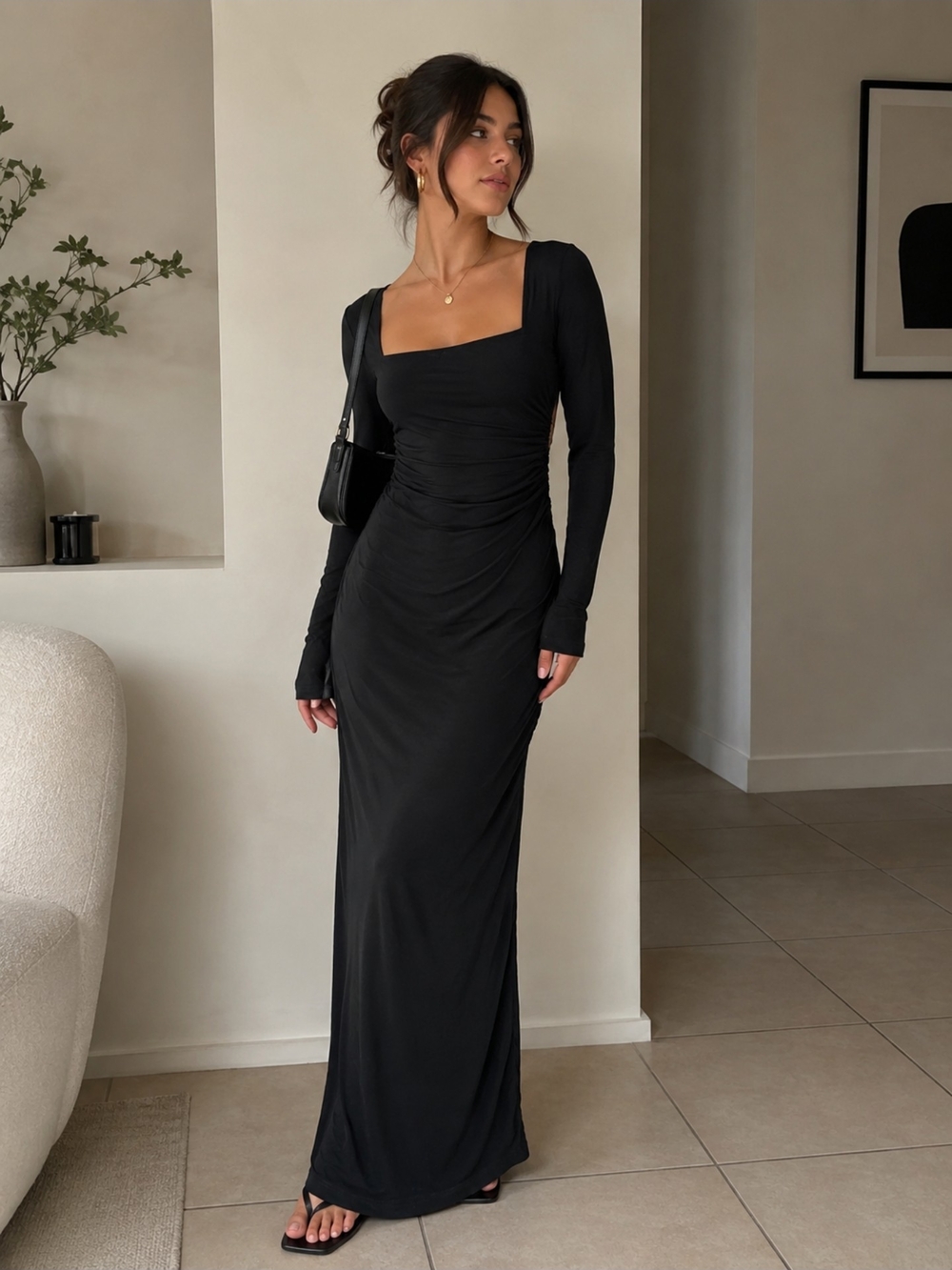 Others Follow Black Long-Sleeve Square Neck Maxi Dress